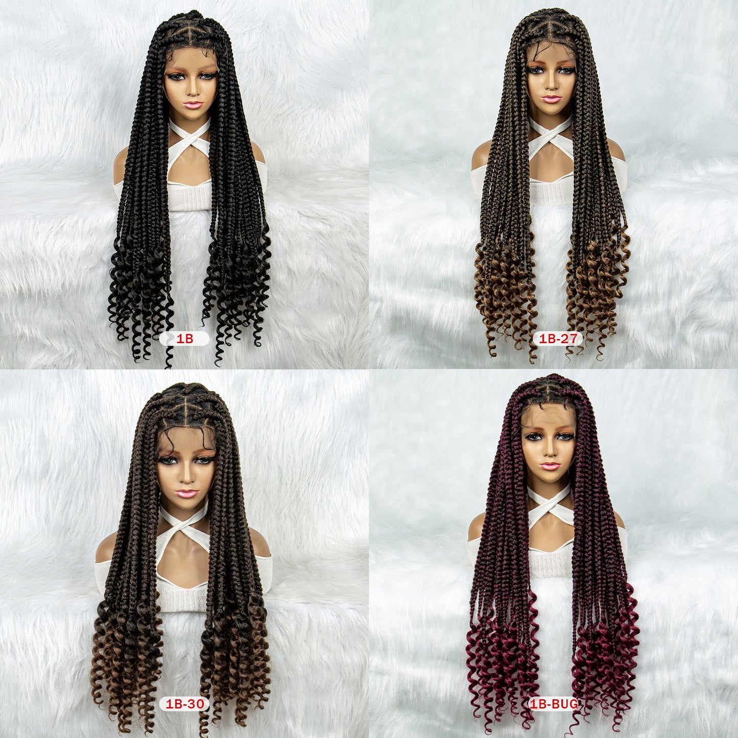 050 Synthetic Full Lace Braided Wigs with Curly Ends for Black Women Lace Frontal Knotless Box Braiding Hair Wig Cornrow Braids Wigs