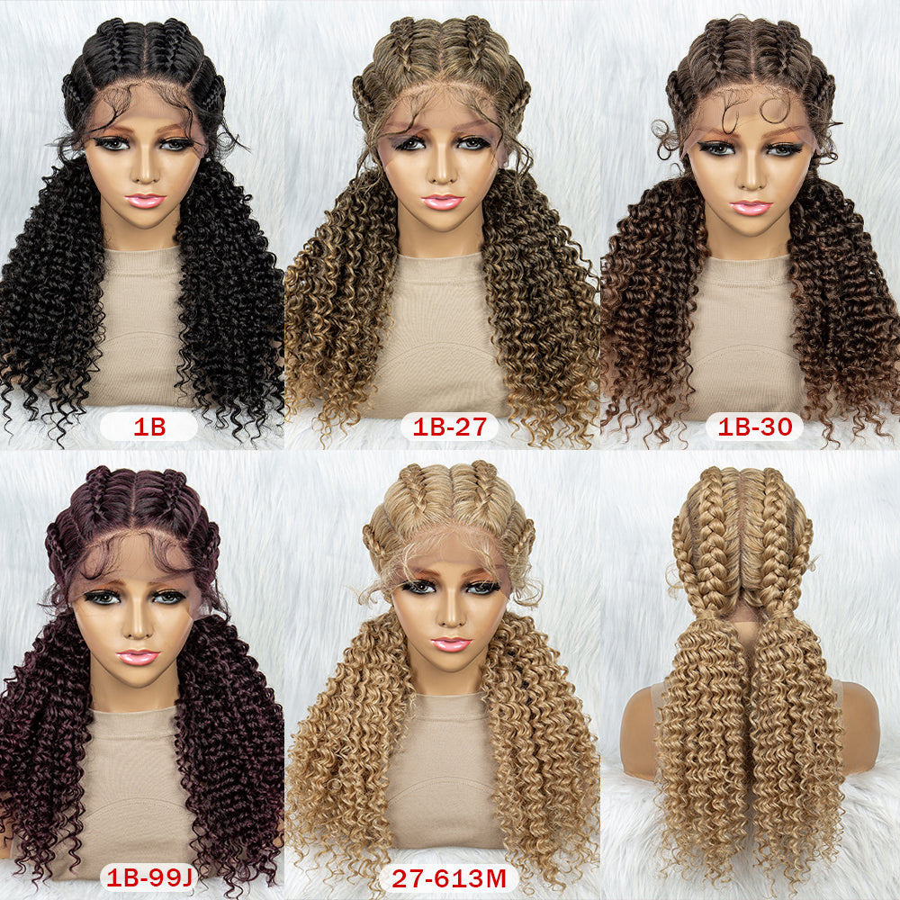 Short Box Braids Lace Frontal Wig with Curly Ends African Synthetic 4 Braid Wig with Baby Hair for Afro France Women Box Braid Wig