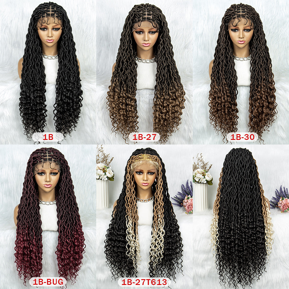 32 Inches Synthetic Lace Front Braided Wig Brown Highlight Box Braid Wigs for Black Women Daily Wear