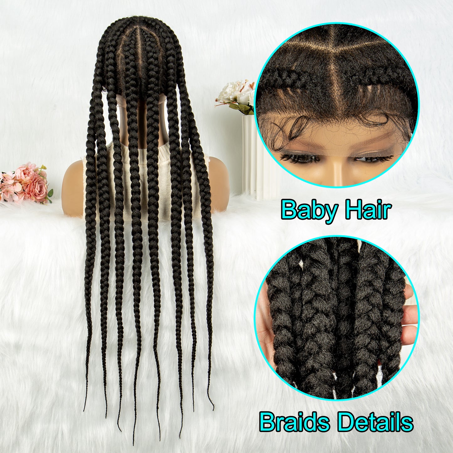 Long Braided Wigs with Baby Hair 8 Braids Natural Colored Glueless Cornrow Big Braiding Briaid Synthetic Wig Pre Plucked For Women