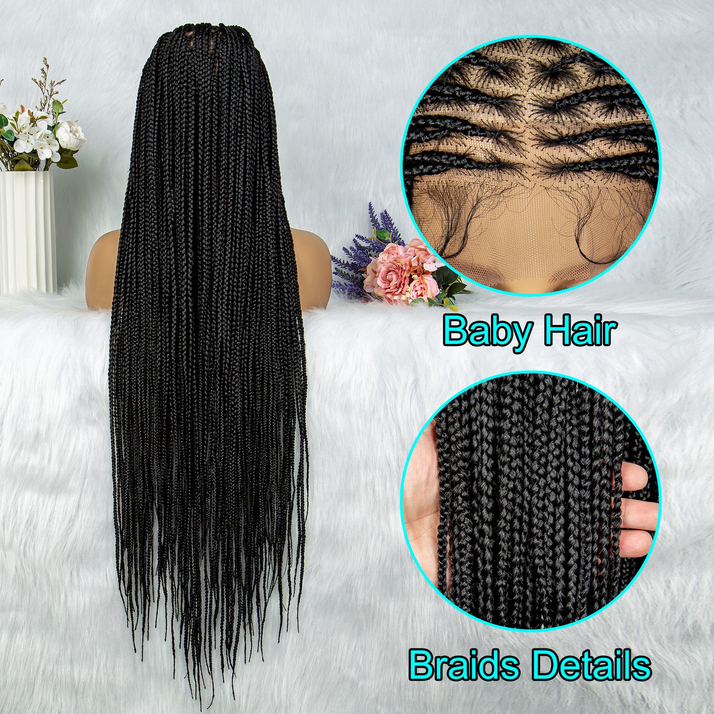 075 Synthetic Full Lace Knotless Box Braided Wigs for Women Lace Frontal Cornrow Braiding Wig with Baby Hair Black Woman's Wig