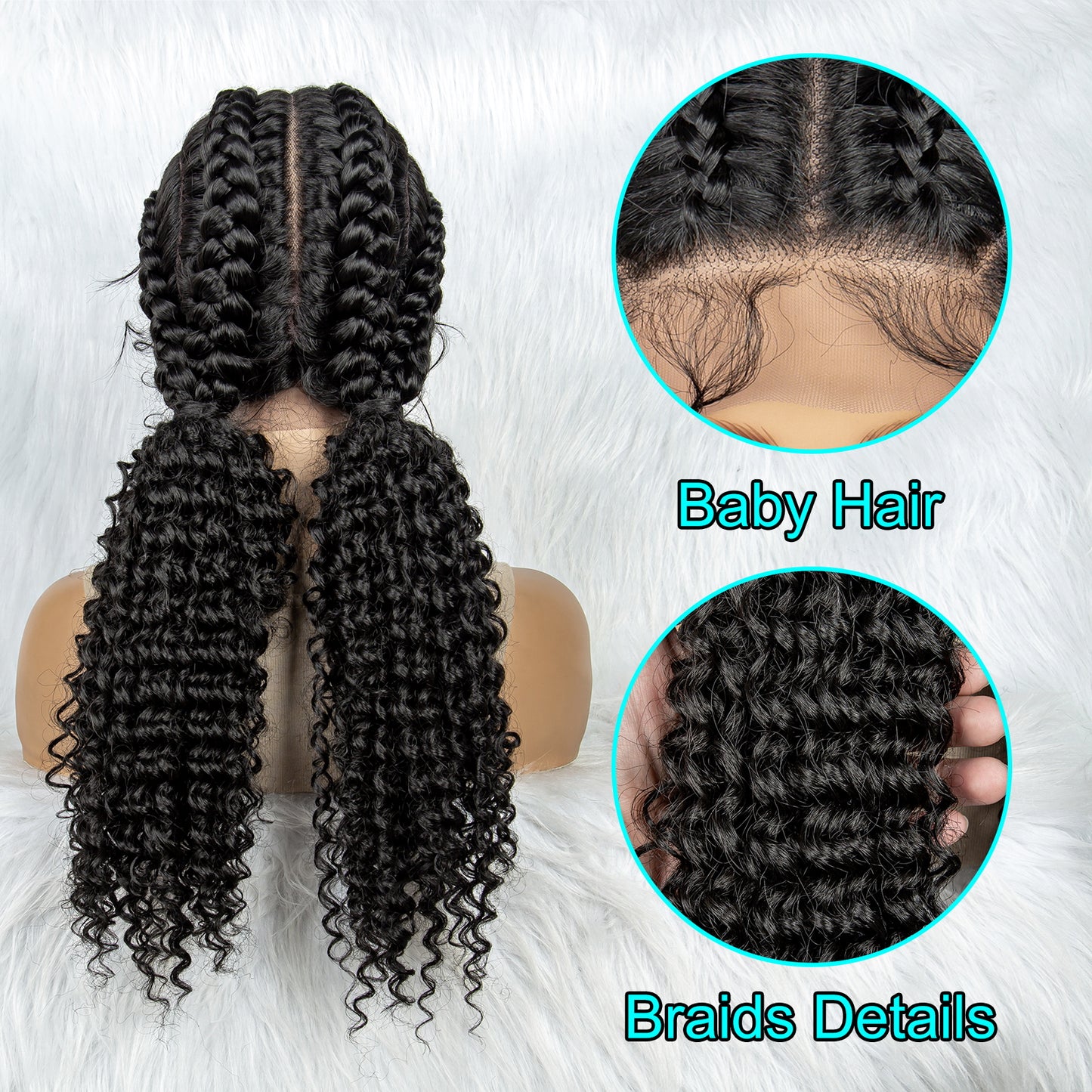 Short Box Braids Lace Frontal Wig with Curly Ends African Synthetic 4 Braid Wig with Baby Hair for Afro France Women Box Braid Wig