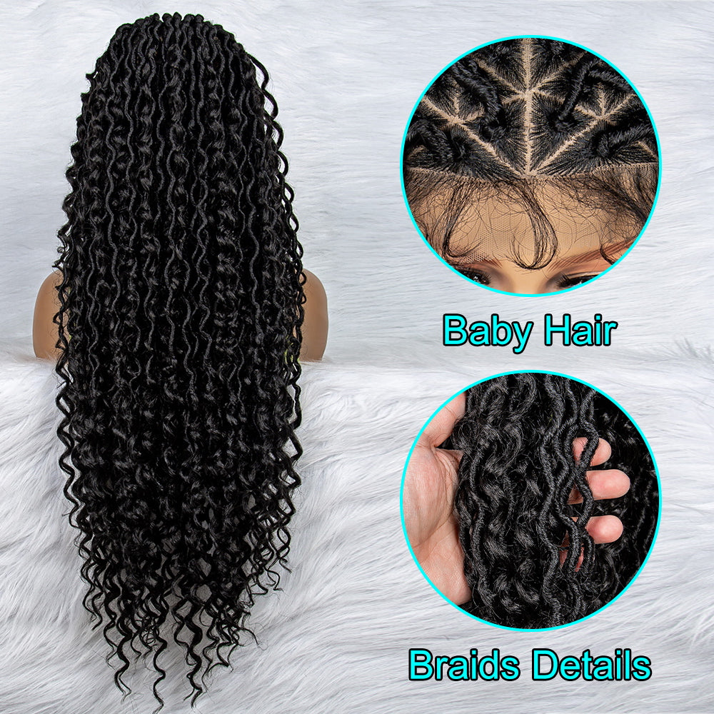 36Inches Full Lace Curly Synthetic Braided Wigs with Baby Hair Natural Color Braid Braiding wigs Ombre Brown Red for Black Women Daily Use