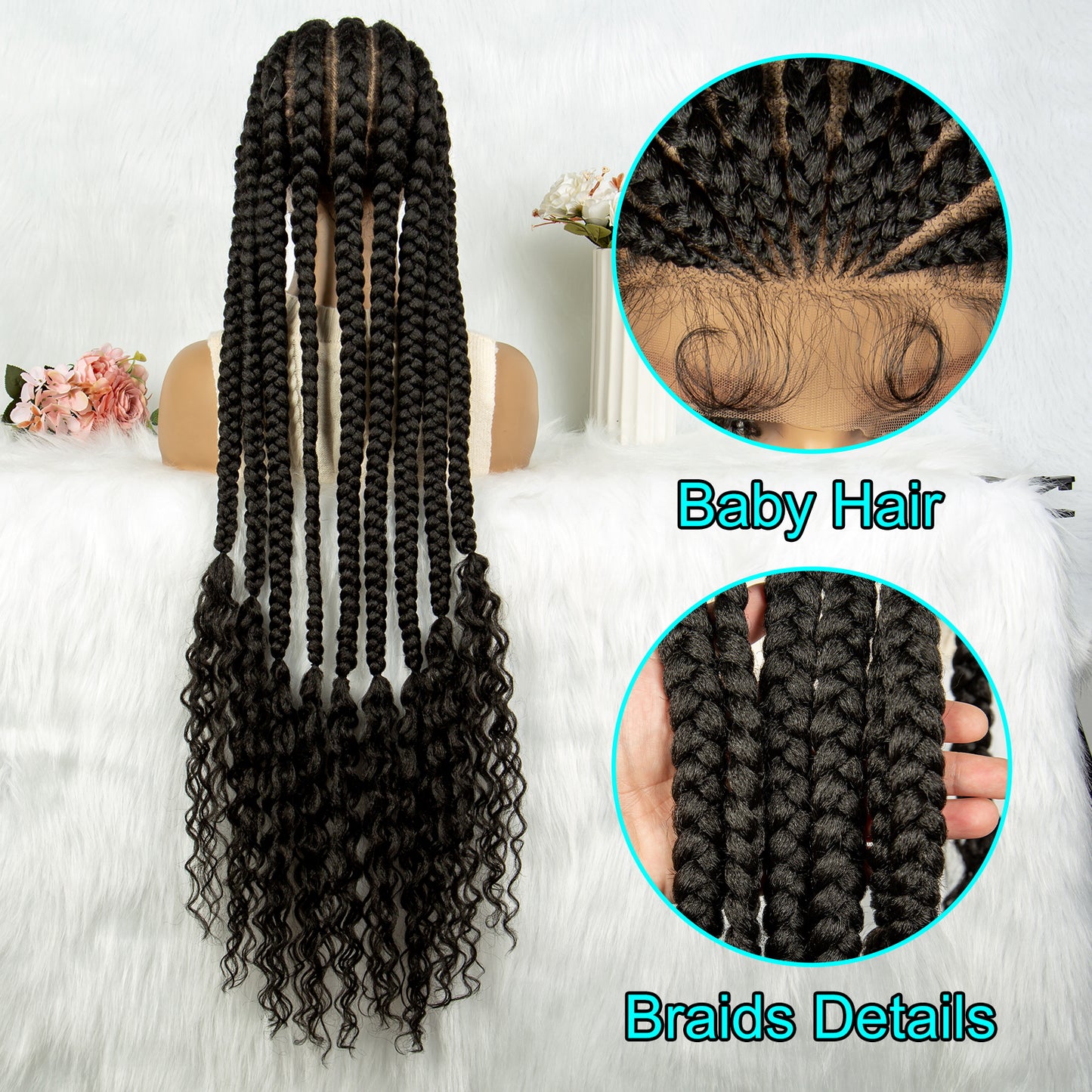 Synthetic Full Lace Braided Wigs with Curly Ends for Black Women Lace Frontal Knotless Box Braiding Hair Wig 9 Braids Cornrow Braids Wigs