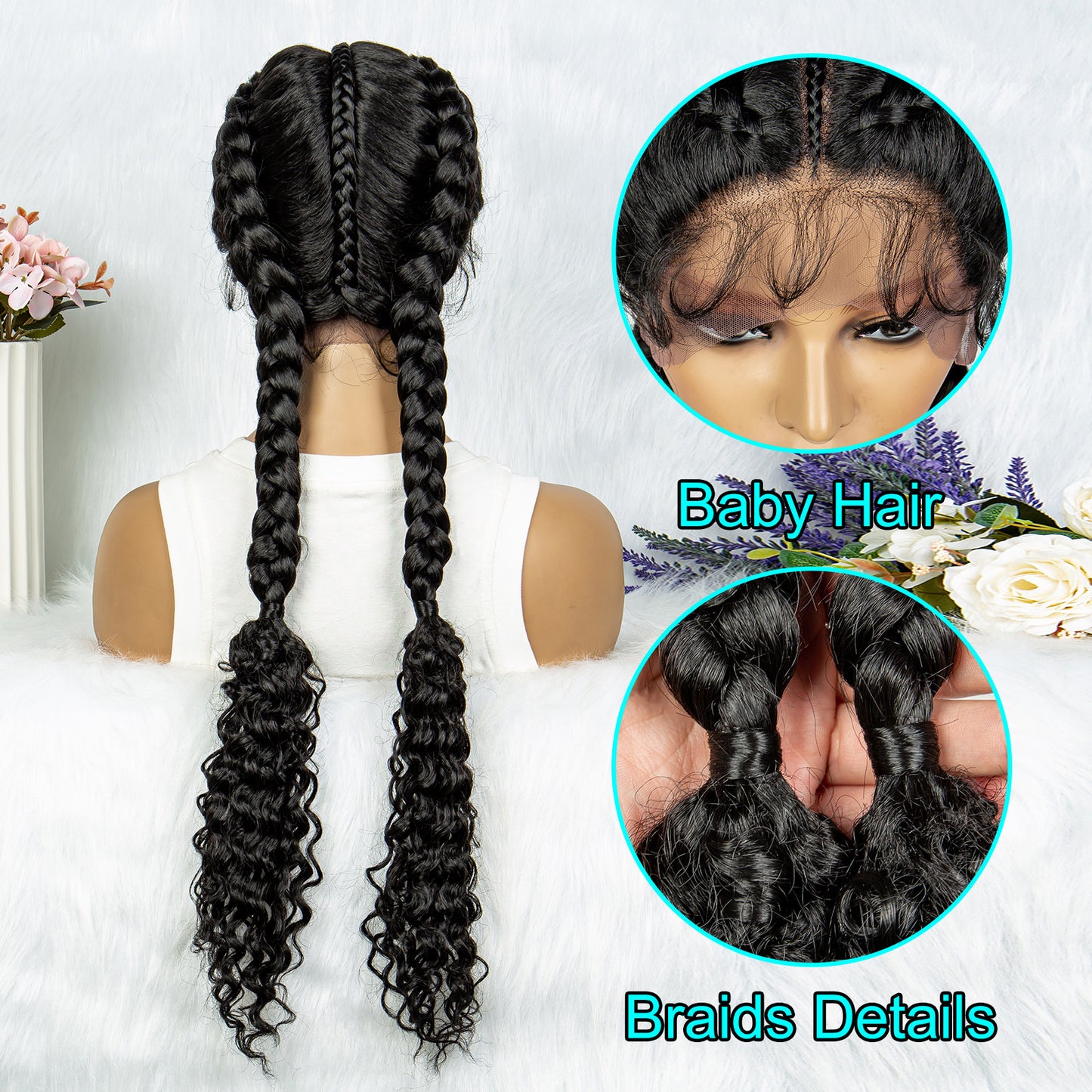 Box Braids Lace Frontal Wig African Synthetic 3 Braid Wig with Baby Hair for Afro France Women Curly Ends Braid Wig