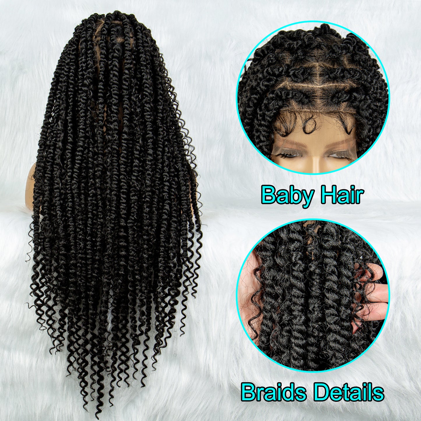 049 Box Braided Full Lace Wigs with Baby Hair for Women Black Brown Red Long Goddess Braid Full Lace Wigs Synthetic Braids Wig with Curly Ends