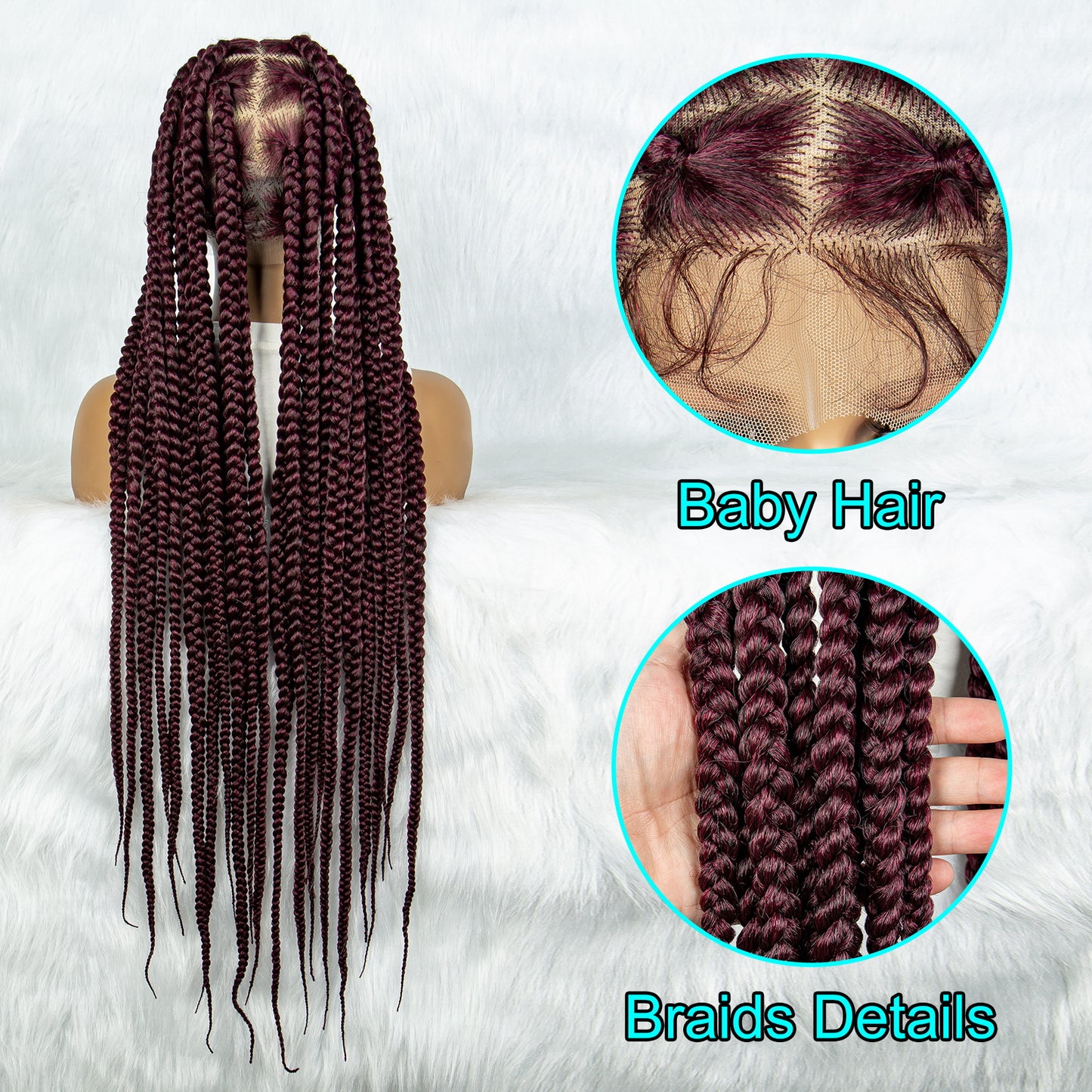 36 Inches Long Braided Wigs Full Lace Synthetic hair Colorful Braid Wigs with Baby Hair 360 Lace Front Box Braids Wig Black Burgundy Wig