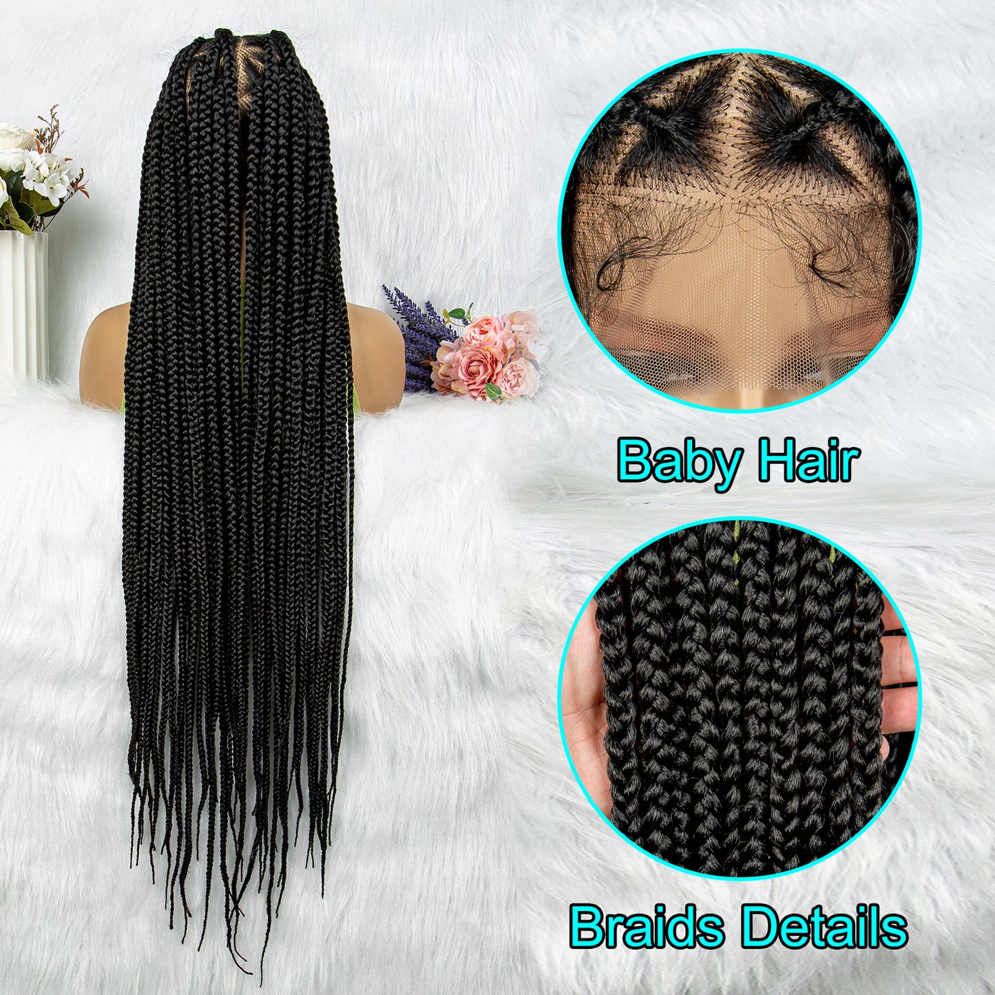 074 Synthetic Full Lace Big Knotless Box Braided Wigs for Women Lace Frontal Long Cornrow Braiding Wig with Baby Hair