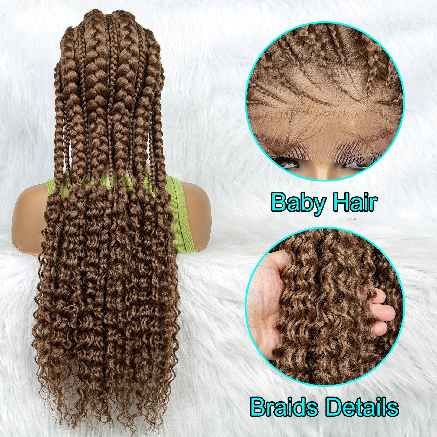 Synthetic Full Lace Braided Wigs with Curly Ends for Black Women Lace Frontal Knotless Box Braiding Hair Wig Cornrow Braids Wigs