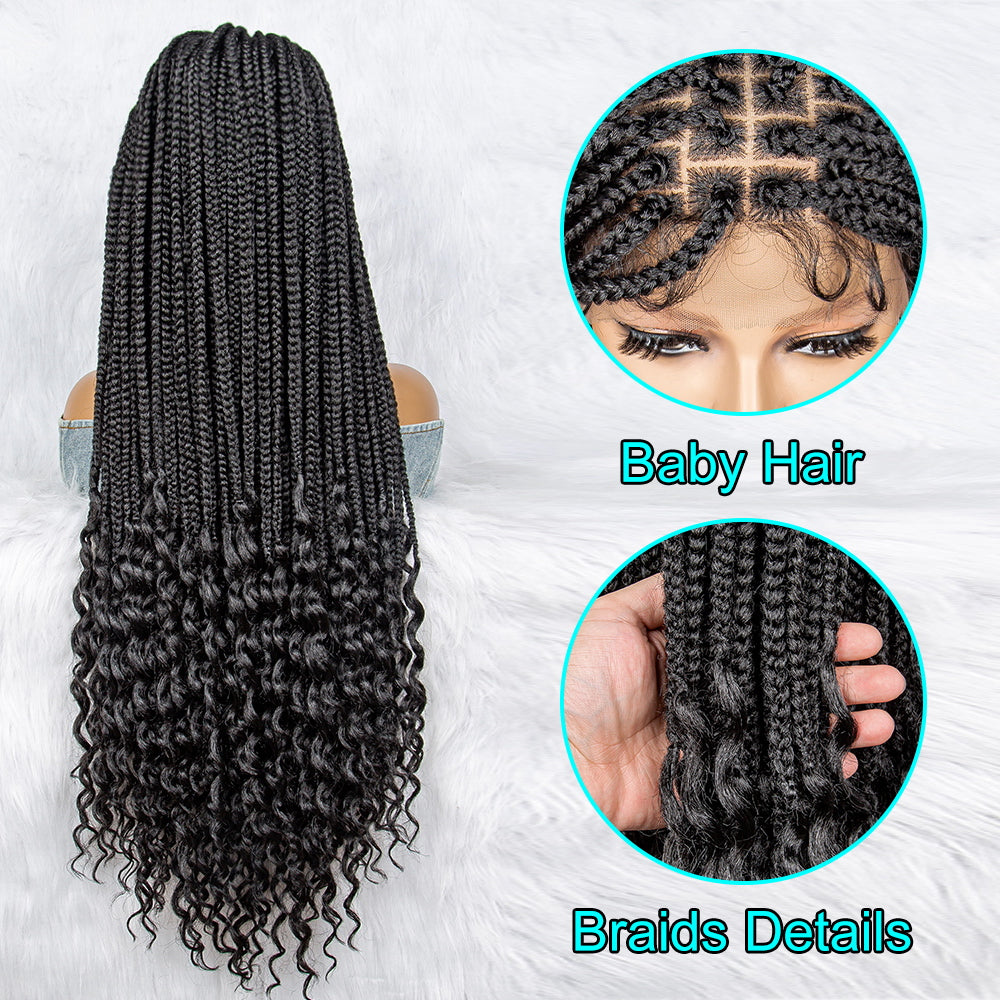 36Inches Curly Synthetic Lace Front Wigs with Baby Hair Long Box Braided Wigs for Black Women Transparent Lace Closure Wig Cronrow Wig Curly Ends