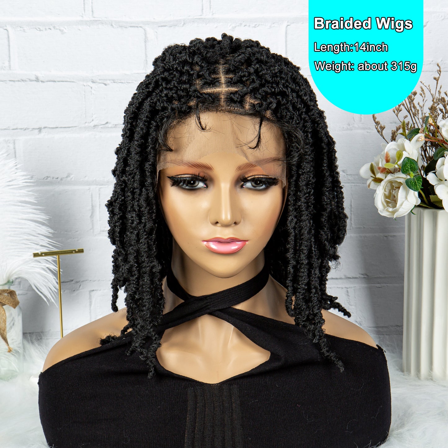 14Inches Short Braided Wig for Women Ombre Black Brown Curly Dreadlock Wig Lace Front Braid Braided Wig Synthetic African Faux Locs Crochet Twist Hair Short Wigs