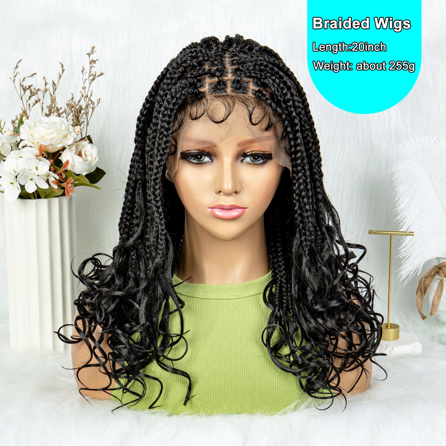 20Inches Medium Length Synthetic Braided Wigs Box Braid Wigs Curly Ends Square Part Box Braided Lace Front Wigs Pre Plucked with Baby Hair for Women