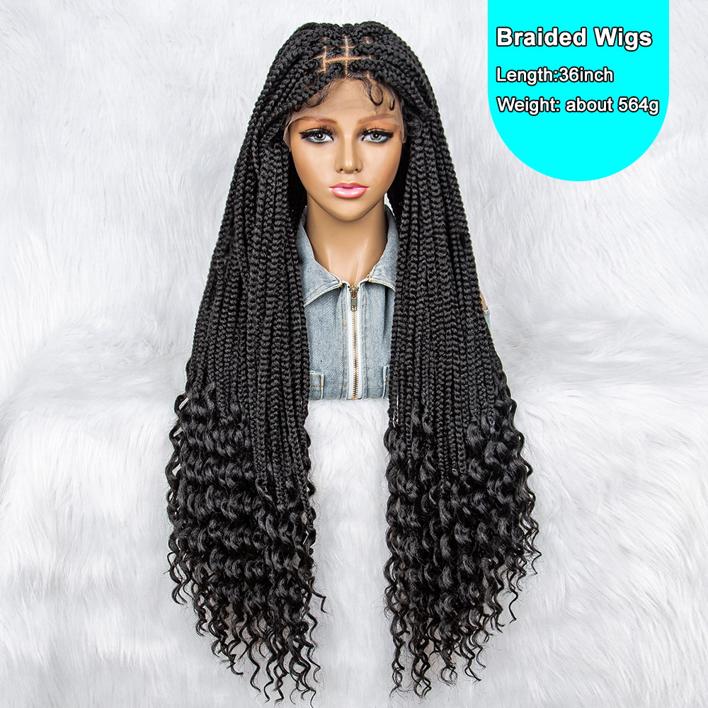 36Inches Curly Synthetic Lace Front Wigs with Baby Hair Long Box Braided Wigs for Black Women Transparent Lace Closure Wig Cronrow Wig Curly Ends