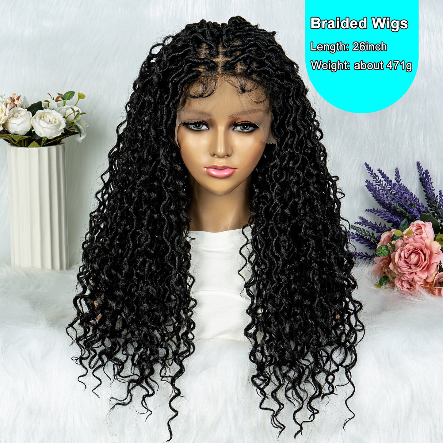 26Inches Synthetic Braided Wigs Box Braid Wigs Curly Ends Square Part Box Braided Lace Front Wigs Pre Plucked with Baby Hair for Women