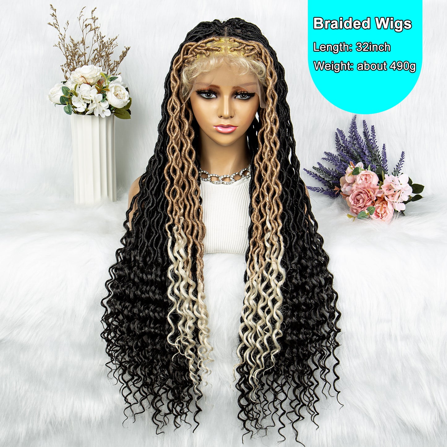 32 Inches Synthetic Lace Front Braided Wig Brown Highlight Box Braid Wigs for Black Women Daily Wear