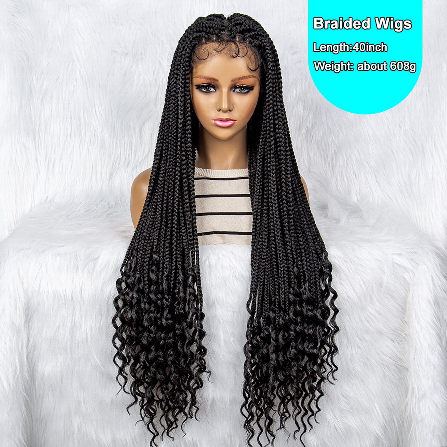 40Inches Long Curly Synthetic Full Lace Braided Wigs Curly Ends Lace Front Cornrow Braiding Knotless Natural Color Braided Wig for Black Women Daily Use