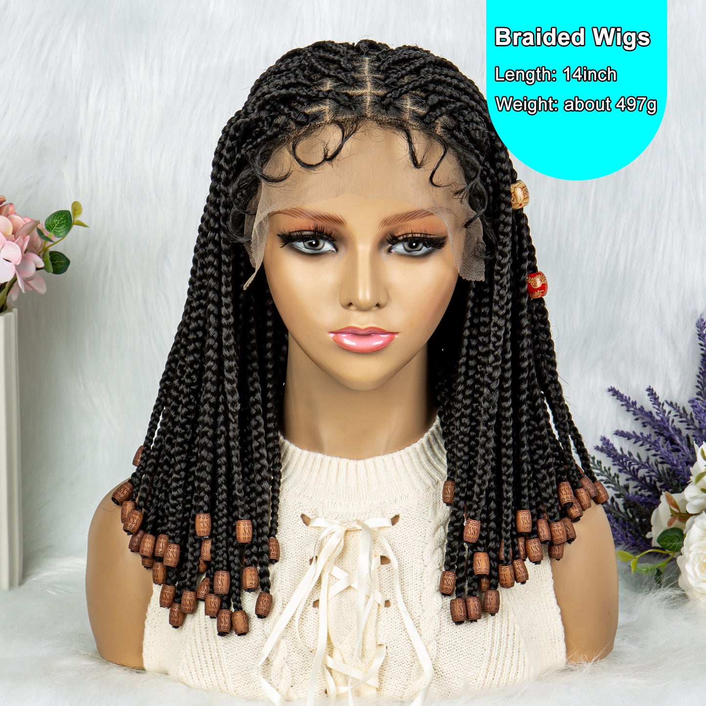 Transparent Synthetic Lace Front Wig Braided Wigs Square Knotless Box Braids Wig with Baby Hair for Black Women 14 Inches