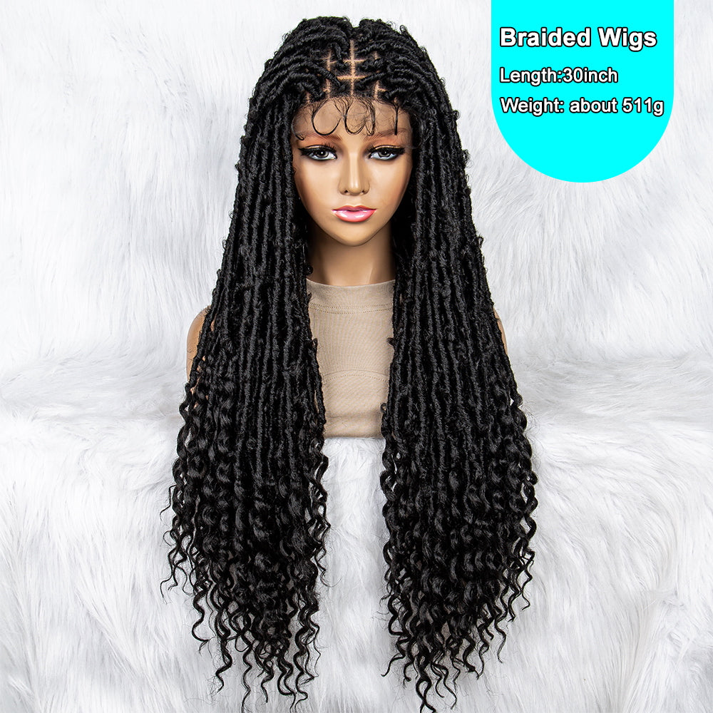 30Inches Long Synthetic Lace Front Wig Curly Ends Braided Wigs for Black Women Knotless Box Wig Braid Braiding Hair Water Wave Wavy Braids Wigs Dreadlocks