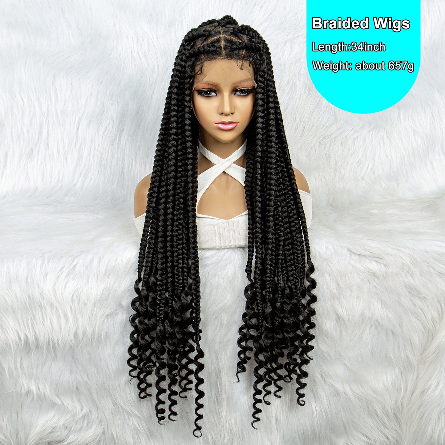 050 Synthetic Full Lace Braided Wigs with Curly Ends for Black Women Lace Frontal Knotless Box Braiding Hair Wig Cornrow Braids Wigs