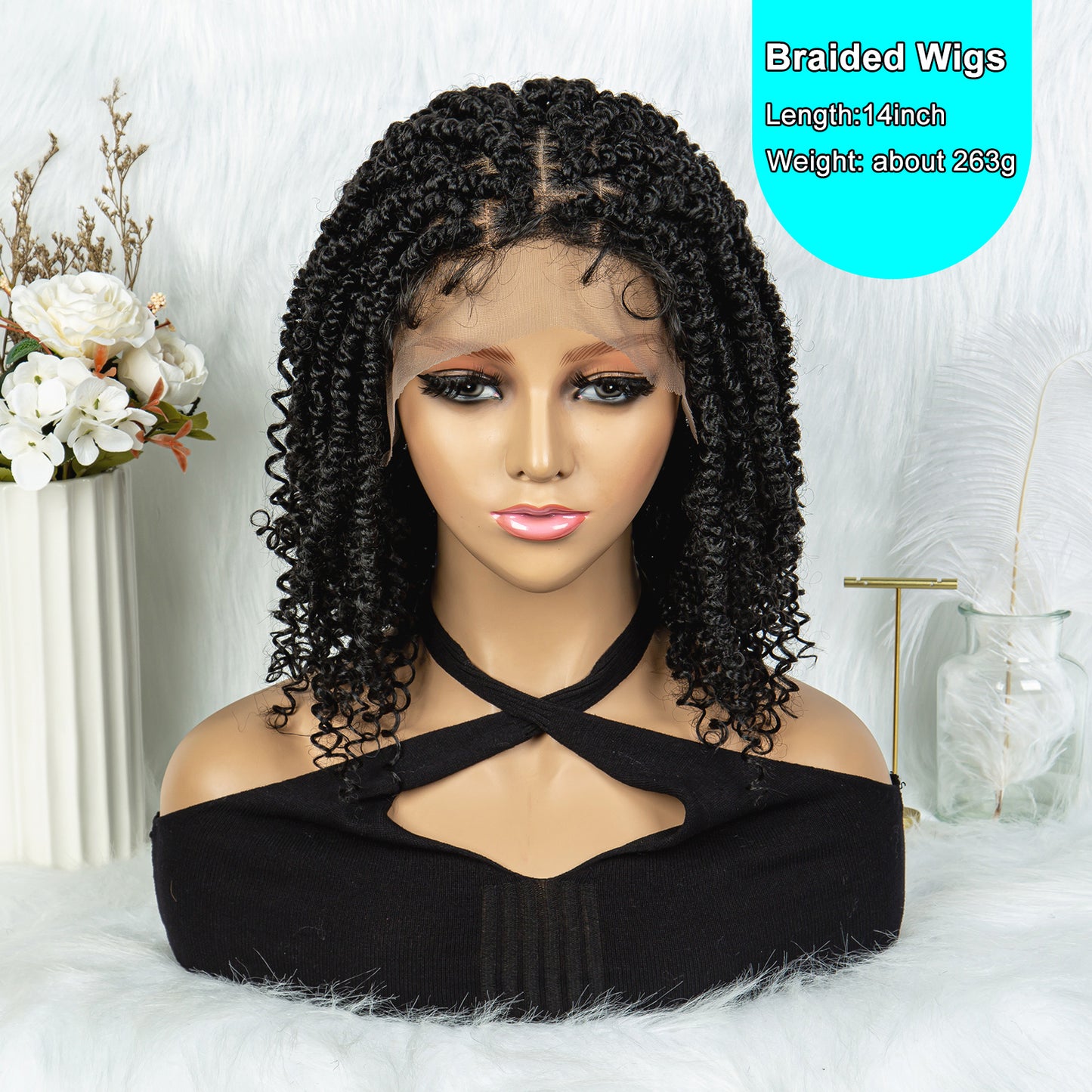 14Inches Synthetic Lace Front Braided Wigs for Black Women Knotless Short Box Wig Braid Braiding Hair Water Wave Wavy Braids Wigs