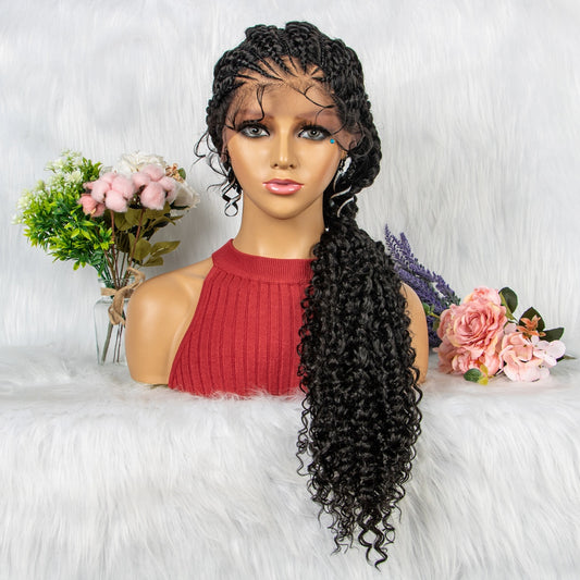 Huge Braid Wig Synthetic Full Lace Braided Wigs with Curly Ends for Black Women Lace Frontal Knotless Box Braiding Hair Wig Cornrow Braids Wigs