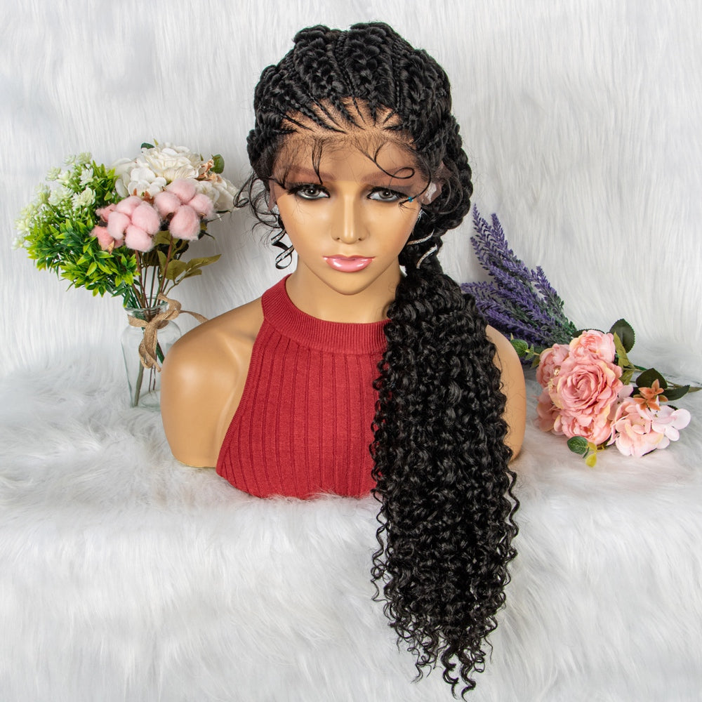 Huge Braid Wig Synthetic Full Lace Braided Wigs with Curly Ends for Black Women Lace Frontal Knotless Box Braiding Hair Wig Cornrow Braids Wigs