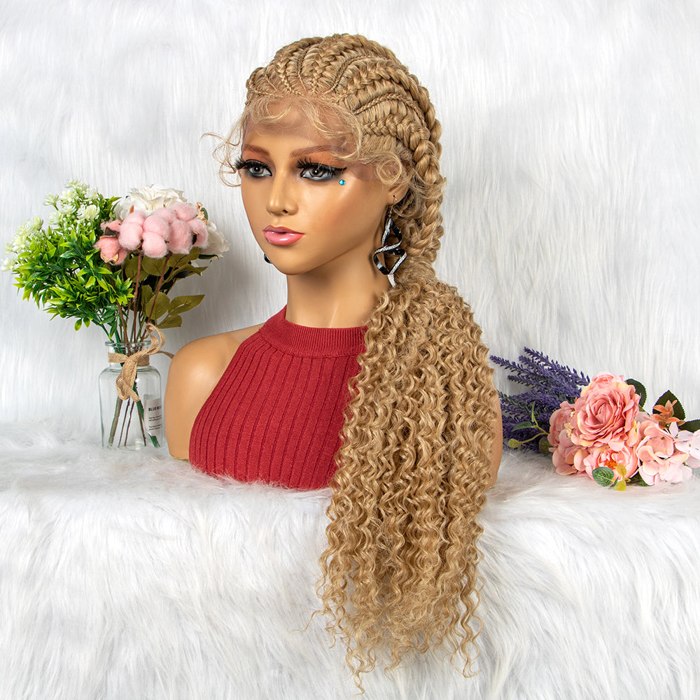 Huge Braid Wig Synthetic Full Lace Braided Wigs with Curly Ends for Black Women Lace Frontal Knotless Box Braiding Hair Wig Cornrow Braids Wigs