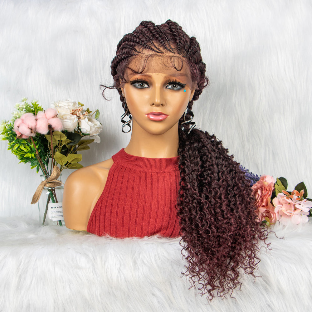 Huge Braid Wig Synthetic Full Lace Braided Wigs with Curly Ends for Black Women Lace Frontal Knotless Box Braiding Hair Wig Cornrow Braids Wigs