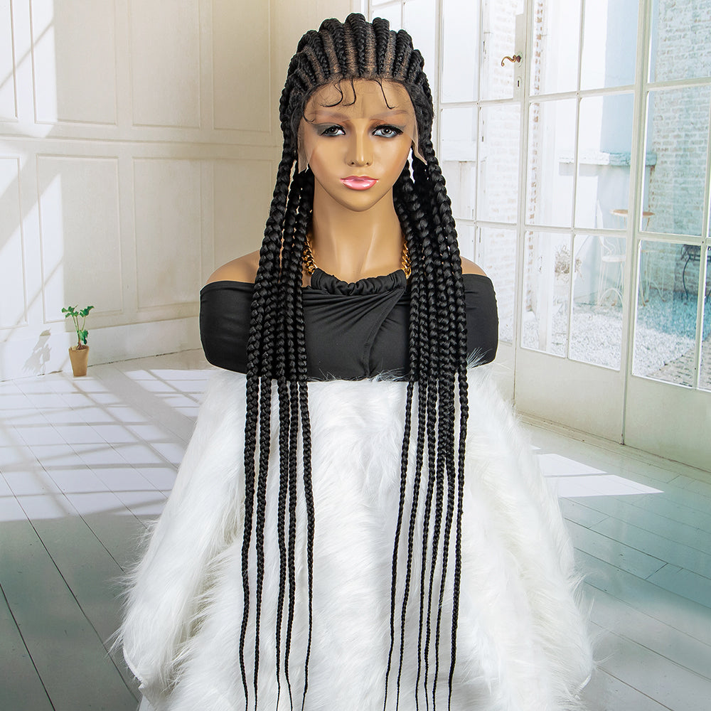 Full Lace Box Braided Wig Cornrow Braids 11 Braids 360 Lace Front Wigs 36 Inches Synthetic Knotless Box Braids Lace Front Wigs for Black Women