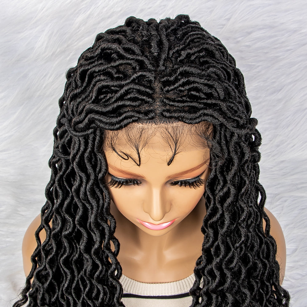 36Inches Long Full Lace Synthetic Knotless Braided Wigs with Baby Hair for Black Women Curly Ends Wigs Lace Frontal Box Braiding Wigs Braided Wig for Black Women Daily Use