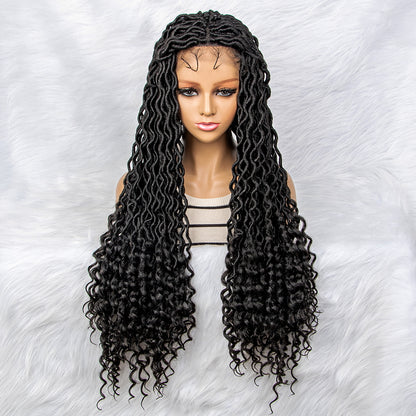 36Inches Long Full Lace Synthetic Knotless Braided Wigs with Baby Hair for Black Women Curly Ends Wigs Lace Frontal Box Braiding Wigs Braided Wig for Black Women Daily Use