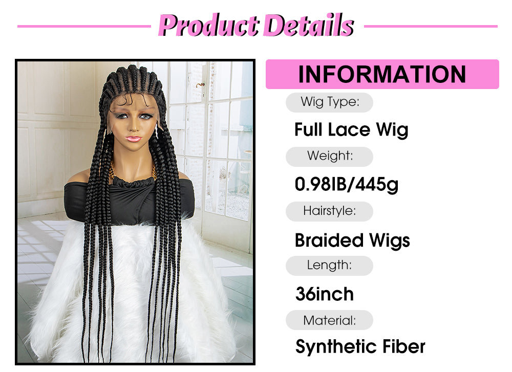 Full Lace Box Braided Wig Cornrow Braids 11 Braids 360 Lace Front Wigs 36 Inches Synthetic Knotless Box Braids Lace Front Wigs for Black Women