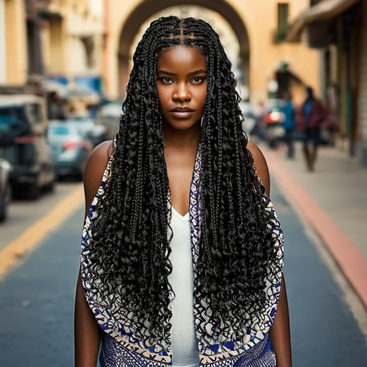 082 Boho Box Braid Crochet Hair 32Inch Long Goddess Braiding 1B Synthetic Bohemian Braids Curly Ends Hair Extensions for Black Women