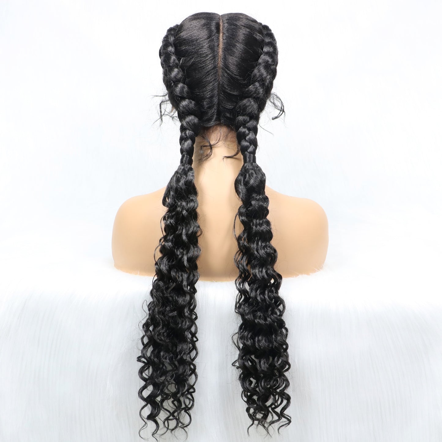 28 Inches Two Tracks Lace Front Braid Synthetic Hair Wig with curl  For Black Woman