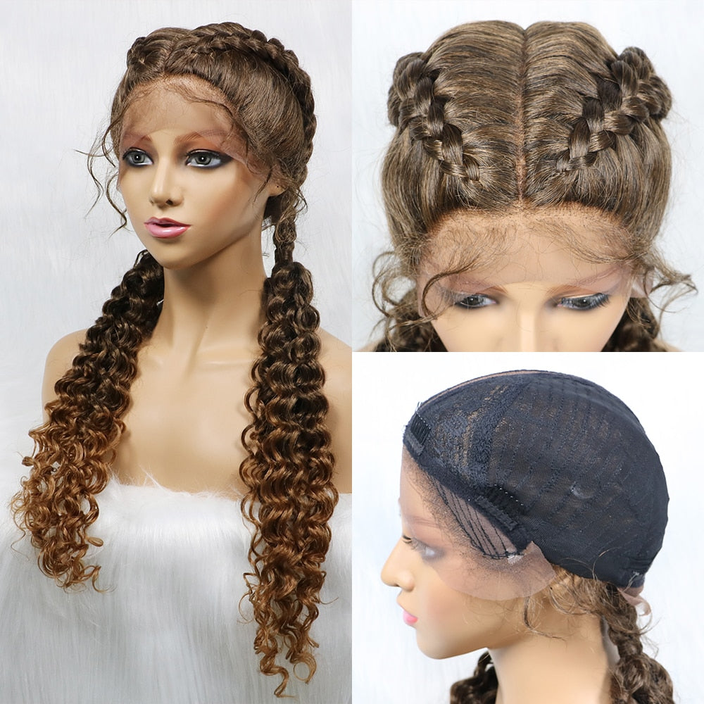 28 Inches Two Tracks Lace Front Braid Synthetic Hair Wig with curl  For Black Woman