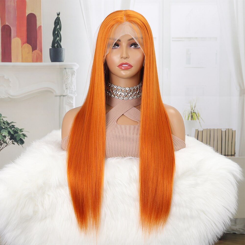 Hot Sales ginger color Straight lace wigs Orange Color Synthetic Wig Pre Plucked T Lace Front Wigs