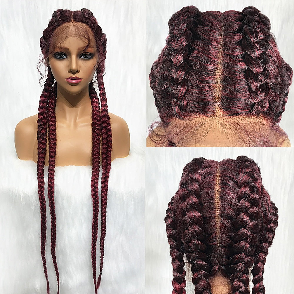 Synthetic Lace Braided Wigs 36 Inches Burgundy  Wig For Black Women 99J